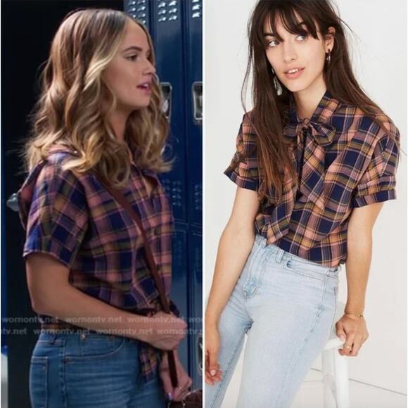 Madewell Junipero Plaid Short-Sleeve Tie-Neck Shirt Small - Picture 1 of 12